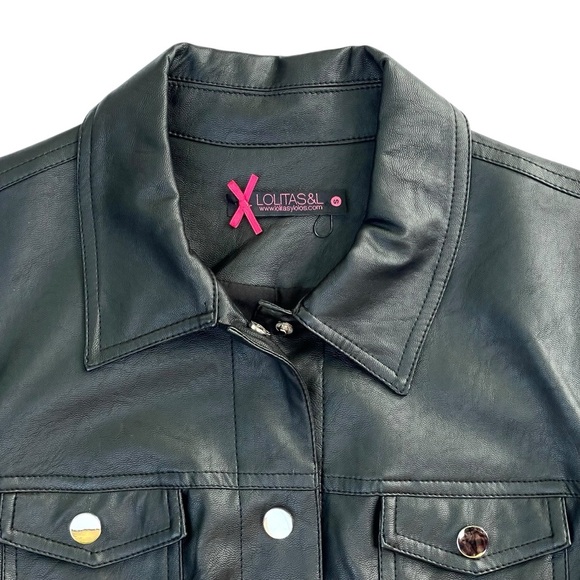 Lolitas&Lolos Black Cropped Leatherette Jacket S Feathers Snap Button Cute Goth - Picture 3 of 16